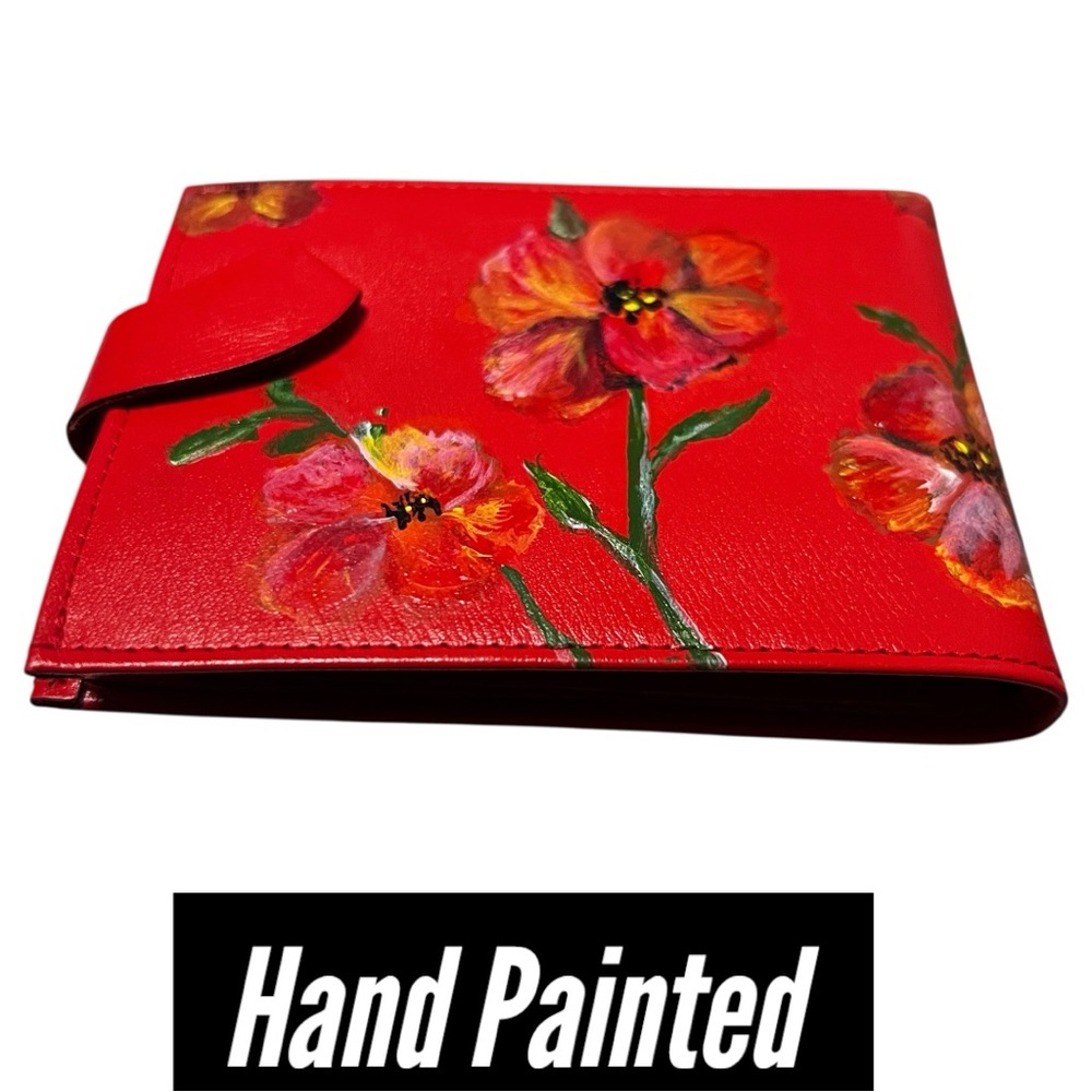 Vintage Hand Painted Leather Wallet Red Floral Boho Artisan One of a Kind - Picture 2 of 7